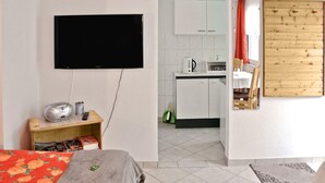 A compact hotel room with a bed, a TV, a small kitchenette, and a wooden panel on the wall. - Ferienhaus Waren (Müritz) (Waren (Müritz))