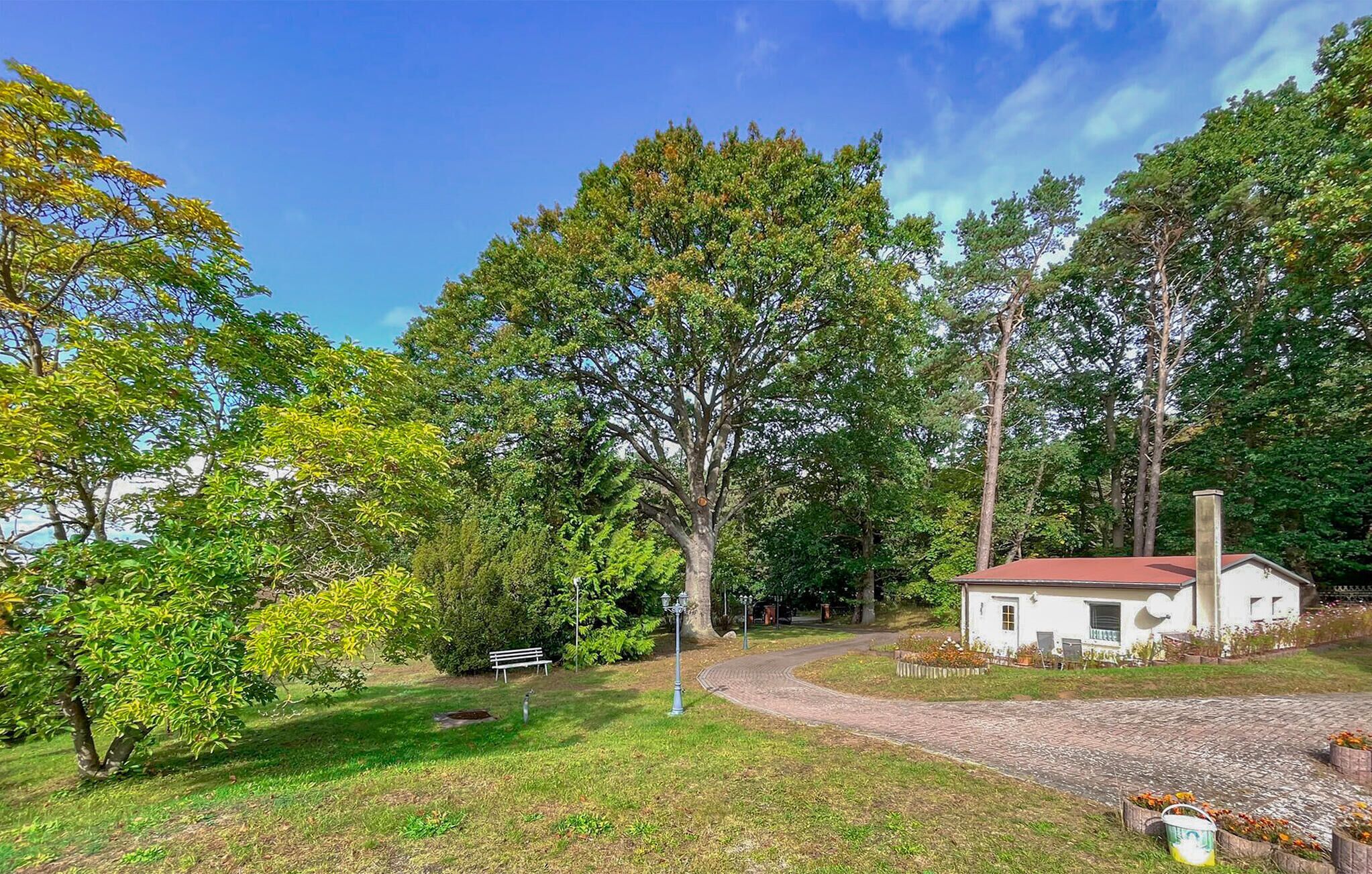 A rustic cabin with a red roof, surrounded by a wooded area and a paved path leading to it.