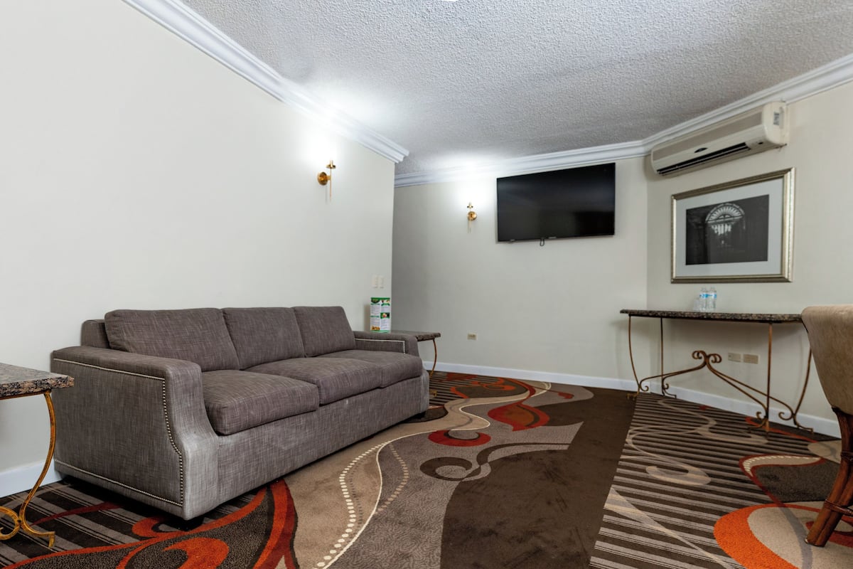 A living room with a grey sofa, a dining table with chairs, a flat-screen TV mounted on the wall, and a patterned carpet.
