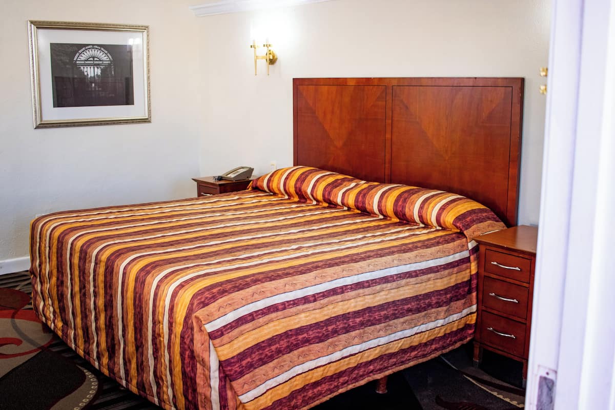 A hotel room with a large bed, a wooden headboard, a nightstand with a telephone, and a framed picture on the wall.