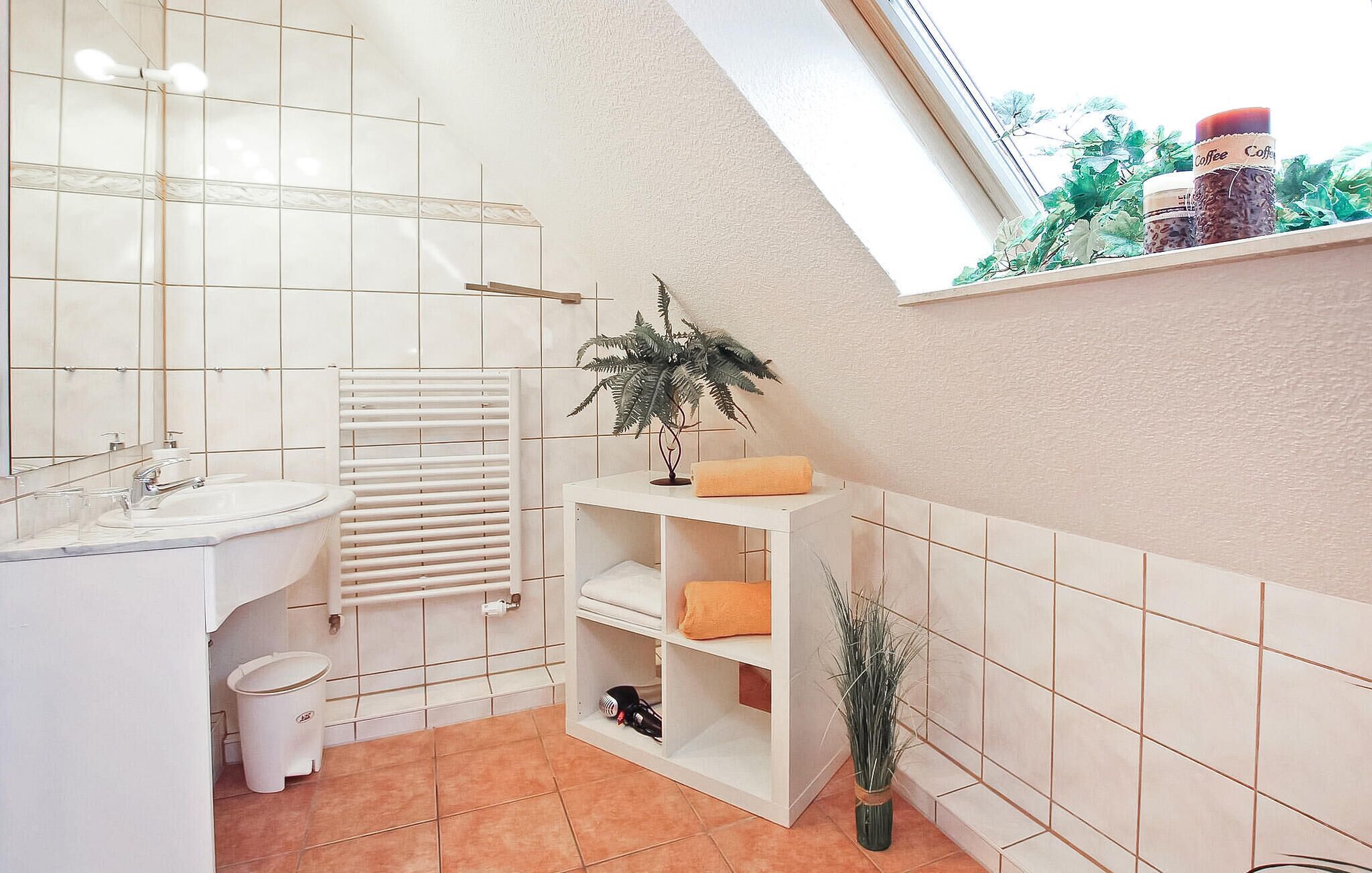 Une salle de bain moderne avec un puits de lumière, des accessoires blancs, une plante et une étagère avec des serviettes.