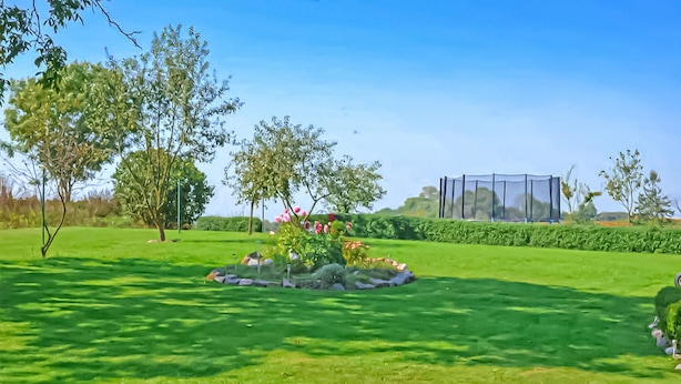 Un giardino curato con un’aiuola centrale, circondato da siepi e alberi.