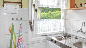A kitchen with white tiles, a window with lace curtains, a stainless steel sink, and two burners. - 2 bedroom awesome home in Wesenberg (Wesenberg)