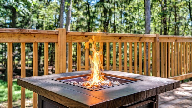 Un foyer carré, avec des flammes, installé sur une terrasse en bois entourée d’arbres.