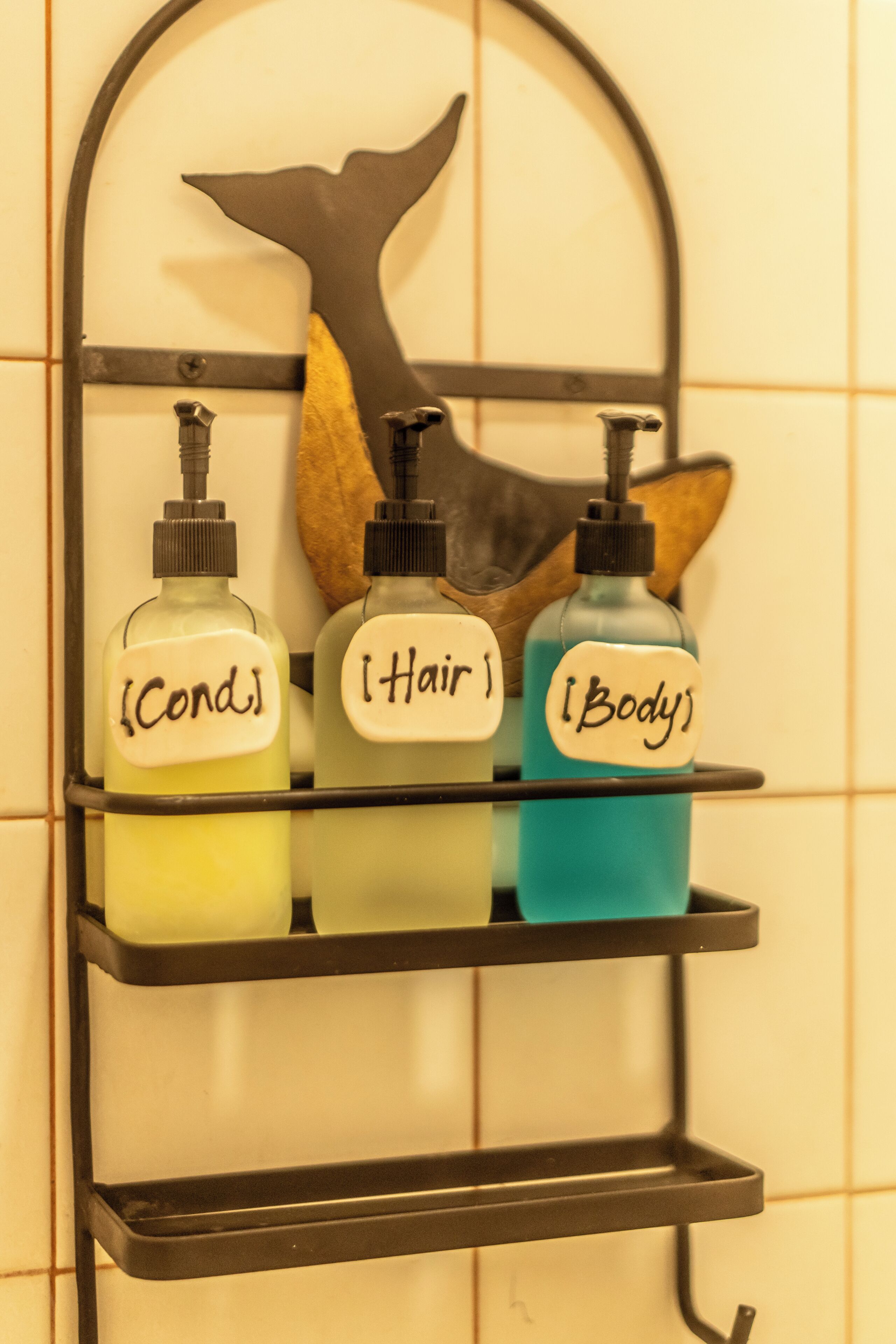 A bathroom shelf with three bottles labeled 'Cond.', 'Hair', and 'Body'.