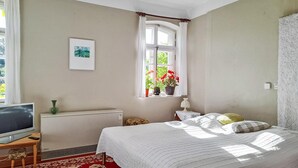 A bedroom with a bed, a TV, a radiator, a window with curtains, and a painting on the wall. - Ferienwohnung Klocksin (Klocksin)