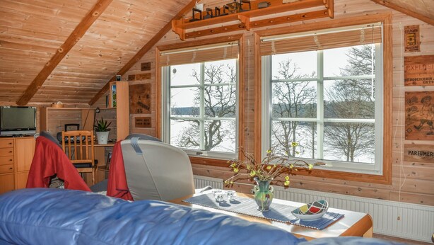 A cozy cabin room with a wooden ceiling, a large window, a television, a chair, a table with a vase, and a blue couch.