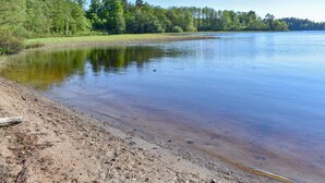 A calm lake with a sandy shore and dense forest in the background.