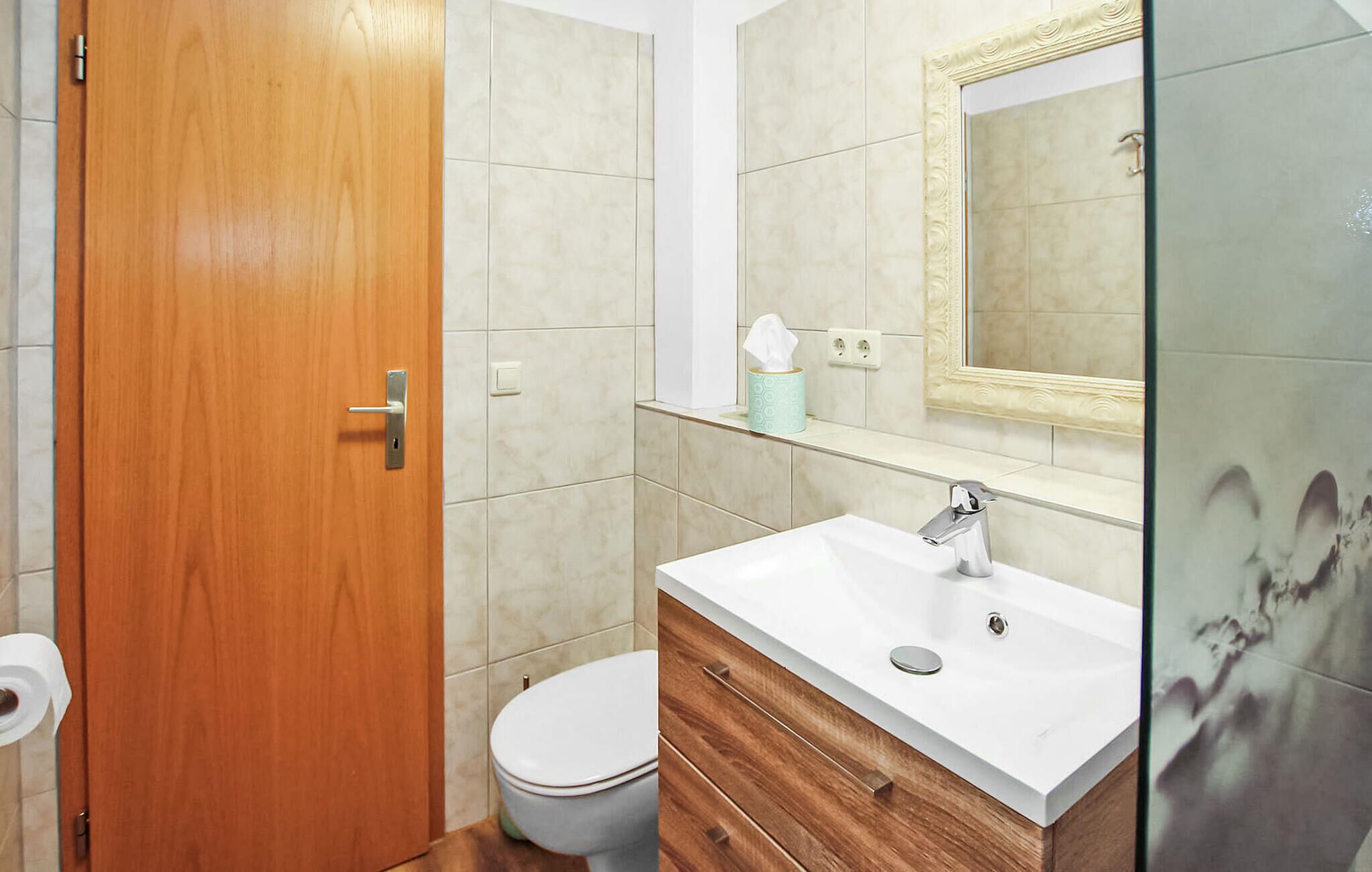 A bathroom with a wooden door, a toilet, a sink with a mirror, and a tissue roll on the wall.