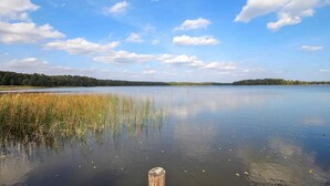 Un lac paisible, avec un poteau en bois au premier plan, entouré de hautes herbes et d’arbres sous un ciel dégagé.