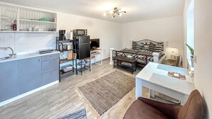 Un espace de vie compact comprenant un coin cuisine, un coin repas et un espace détente avec un canapé et une petite table.
