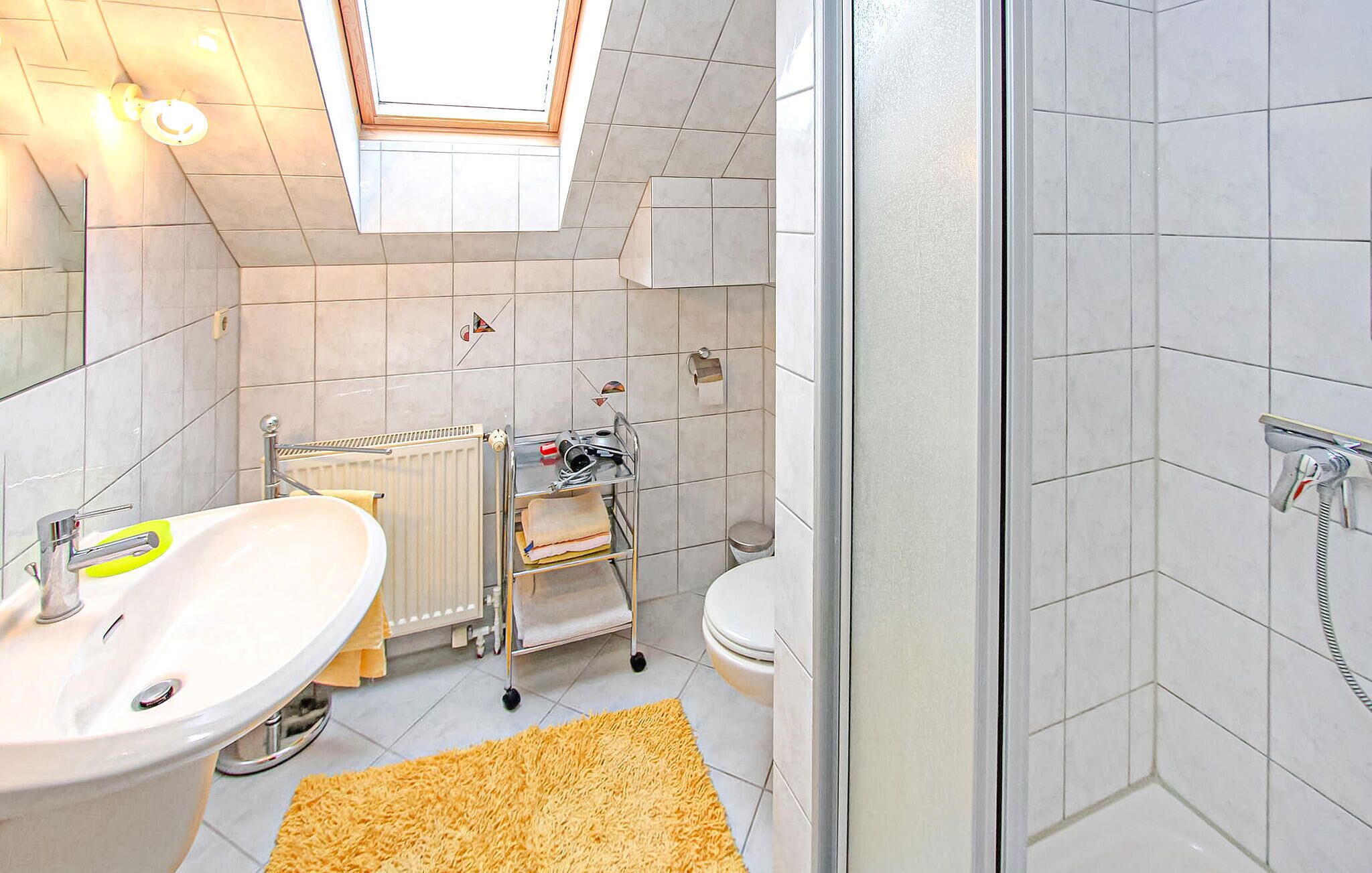 A modern bathroom with a skylight, a white sink, a toilet, and a shower area.