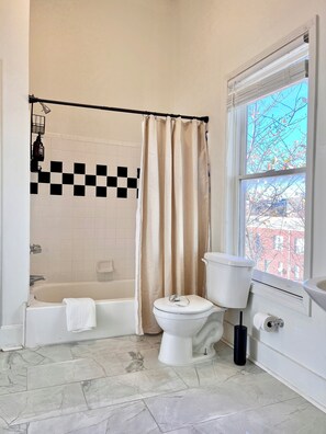 Hair dryer, towels, soap, shampoo