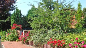 Un chemin de jardin bordé de fleurs rouges et d’arbustes verts, qui mène à un bâtiment à la façade en briques.
