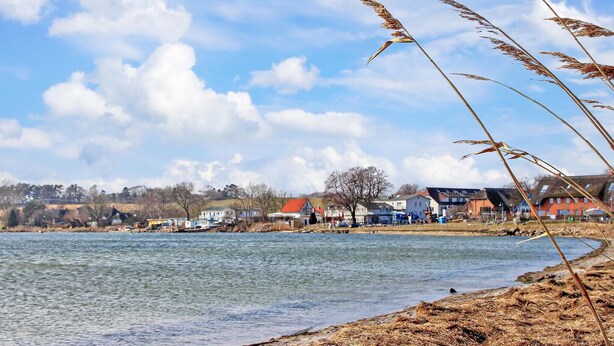 Vista al lago con casas y cielo despejado.