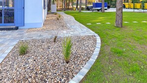 Un sendero ajardinado con guijarros y pequeñas plantas, que lleva a un edificio de fachada azul.