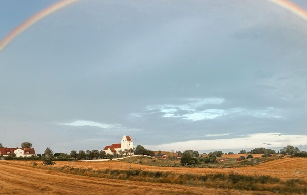 A rural landscape with fields, a windmill, and a house with a red roof.