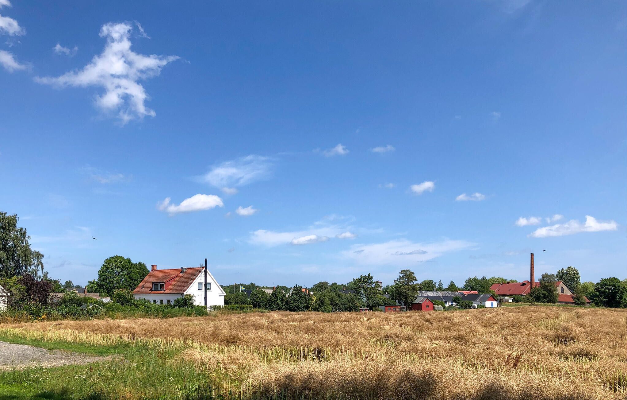 A rural landscape with a white house, a red barn, and a windmill.