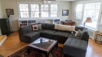 Smart TV, fireplace, books