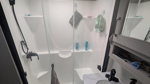 A modern bathroom with a glass shower enclosure, a white sink, and a mirror.