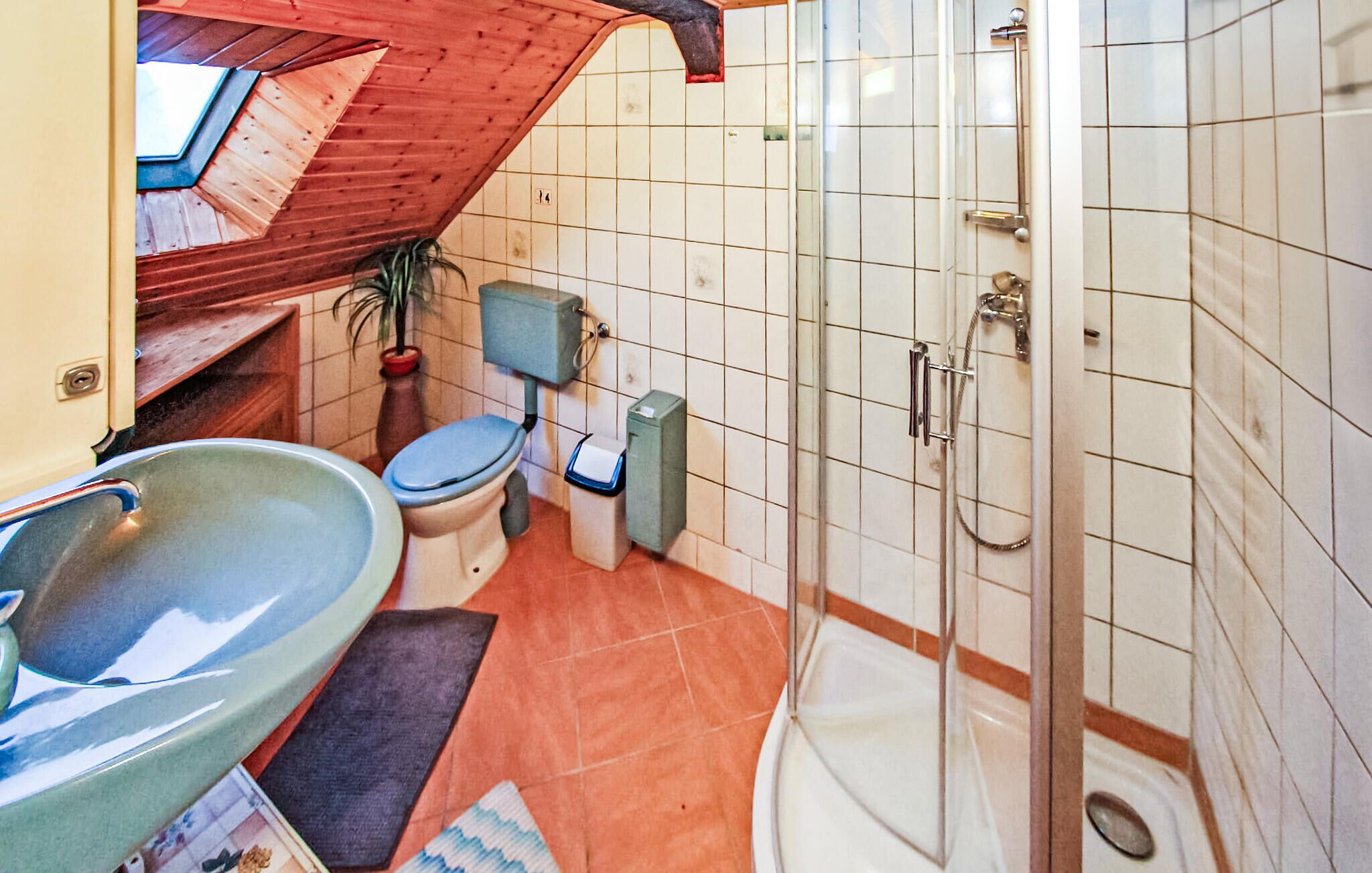Casa de banho compacta com claraboya, sanita, lavatório e chuveiro.