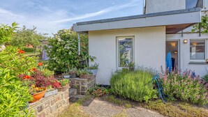 A modern house with a small garden area, stone steps, and various potted plants.
