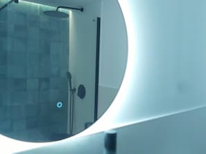 Shower, hair dryer, towels