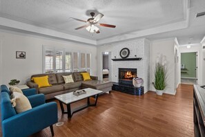 Smart TV, fireplace, table football