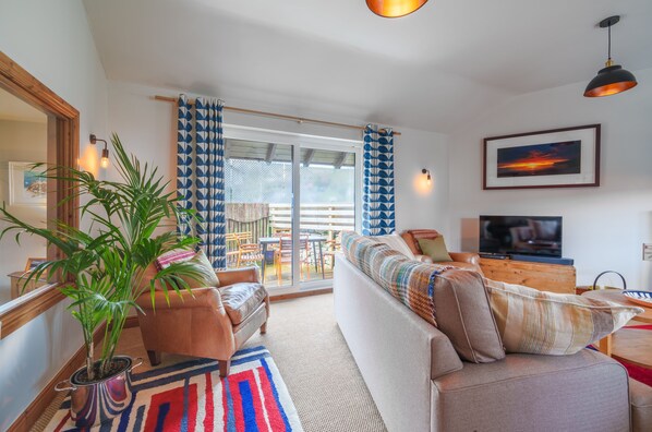 TV, fireplace, books, stereo