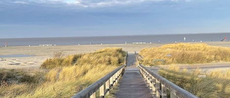 A wooden boardwalk leading to a beach with dunes and a cloudy sky.