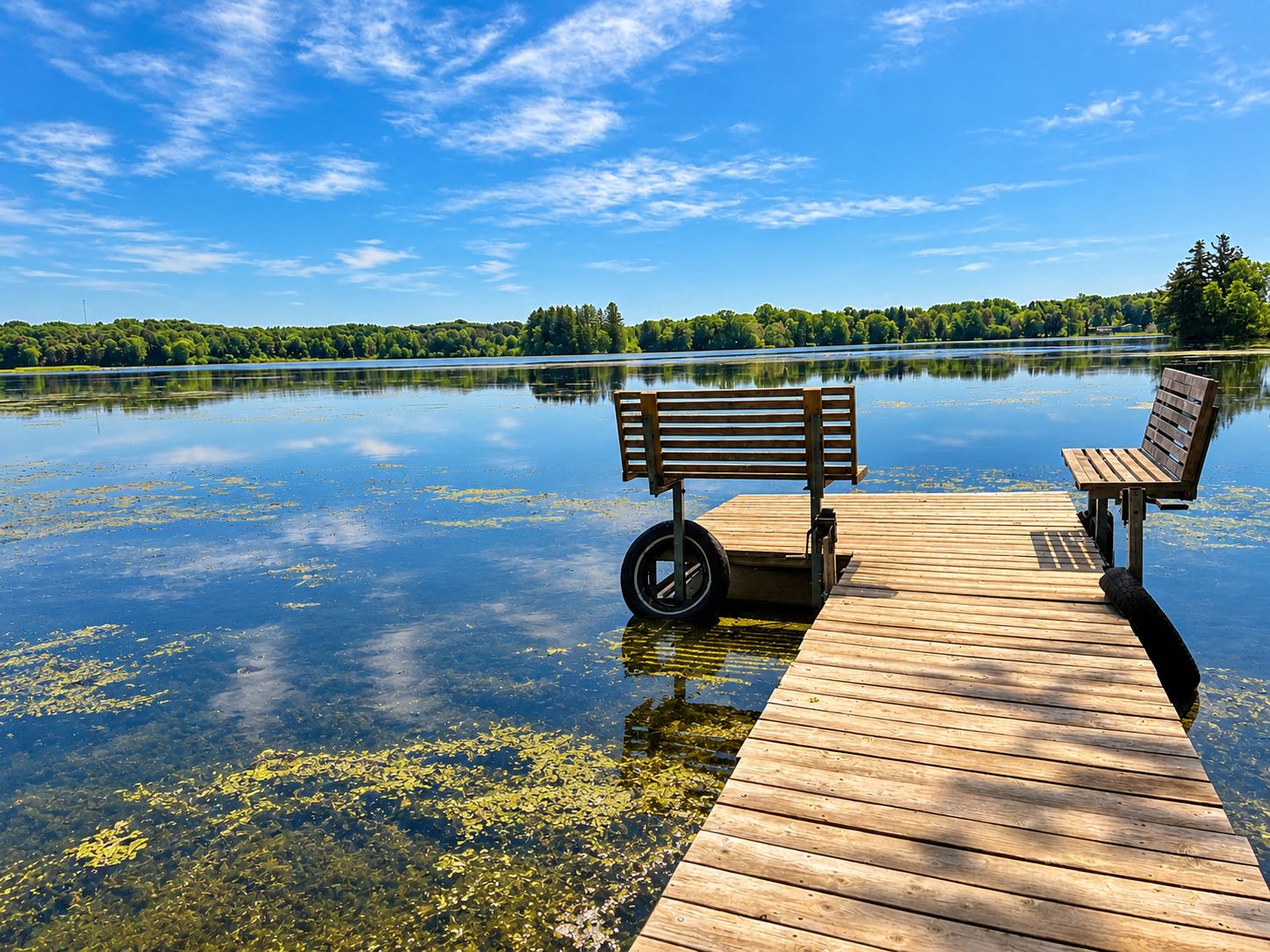 A wooden dock extending into a calm lake with two benches, one with a wheelchair.
