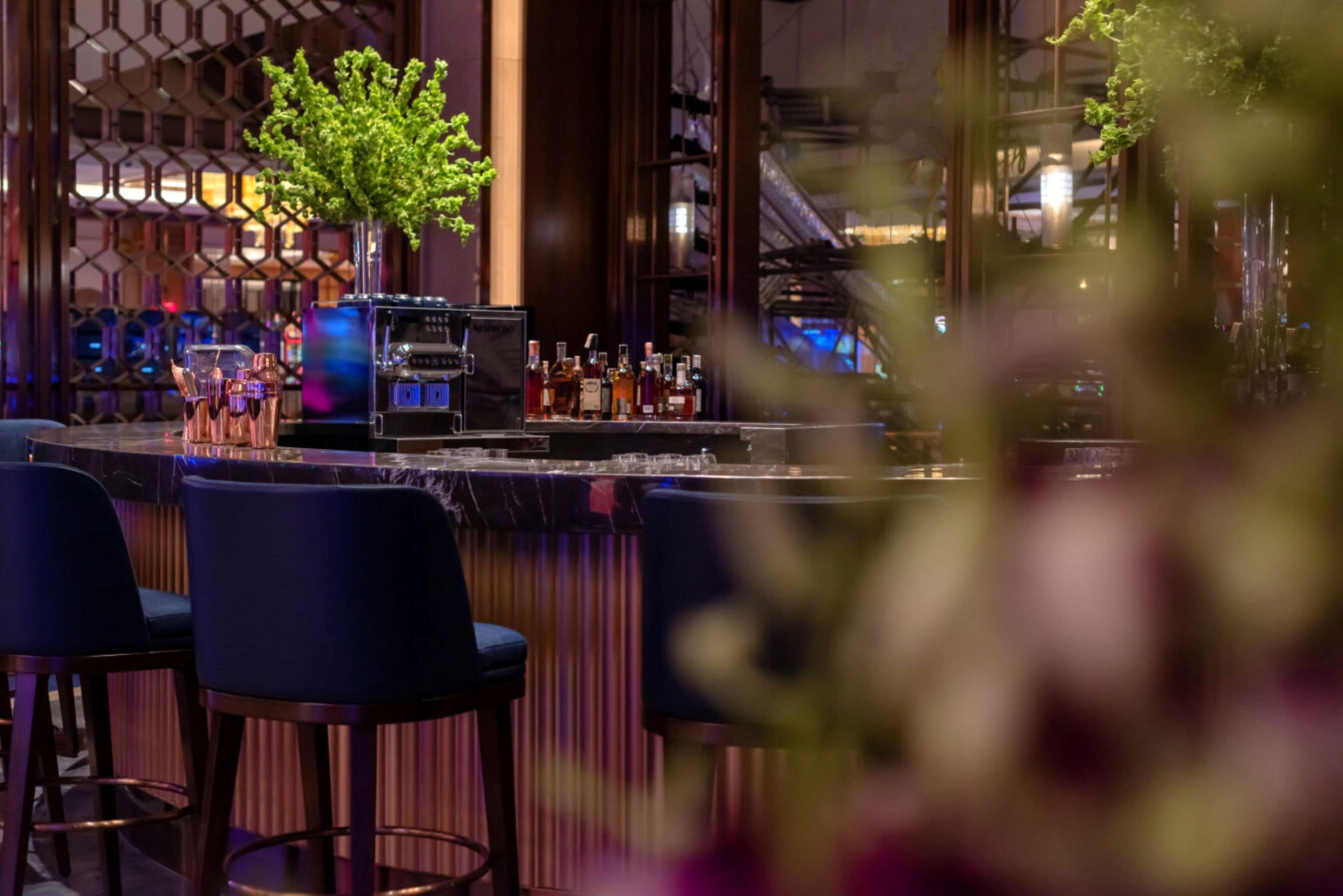 A bar area with a modern design, featuring a bar counter, stools, and a decorative plant.
