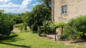 A stone building with a window, surrounded by lush greenery and a grassy area. - Mirandola by Interhome (Vicchio)