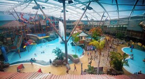 An indoor water park with multiple pools, slides, and play structures.