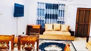 Un dormitorio con una cama, un sofá, un televisor y un armario de madera.