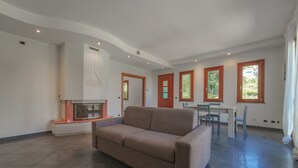 Un salon moderne avec un canapé, une cheminée, un coin repas avec des chaises et de grandes fenêtres.