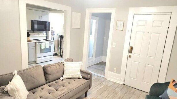 A living room with a sofa, a door, and a kitchen area in the background. - 2 bed room Apartment (Albany)