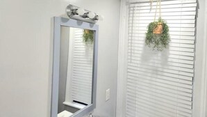 A bathroom with a large mirror, a sink, and a window with blinds and a hanging plant. - 2 bed room Apartment (Albany)