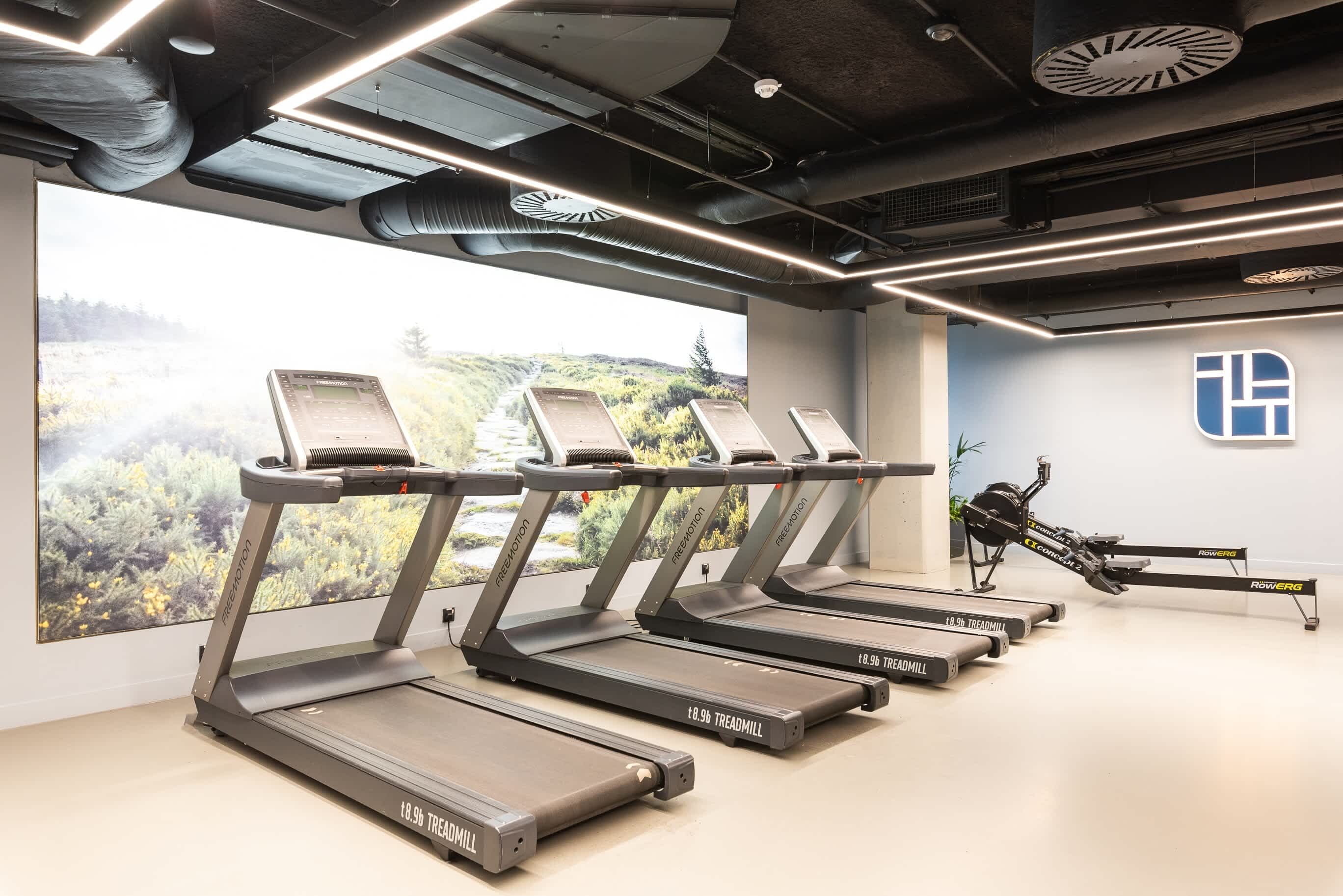 A gym with multiple treadmills, a rowing machine, and a large window with a view of a forested area.