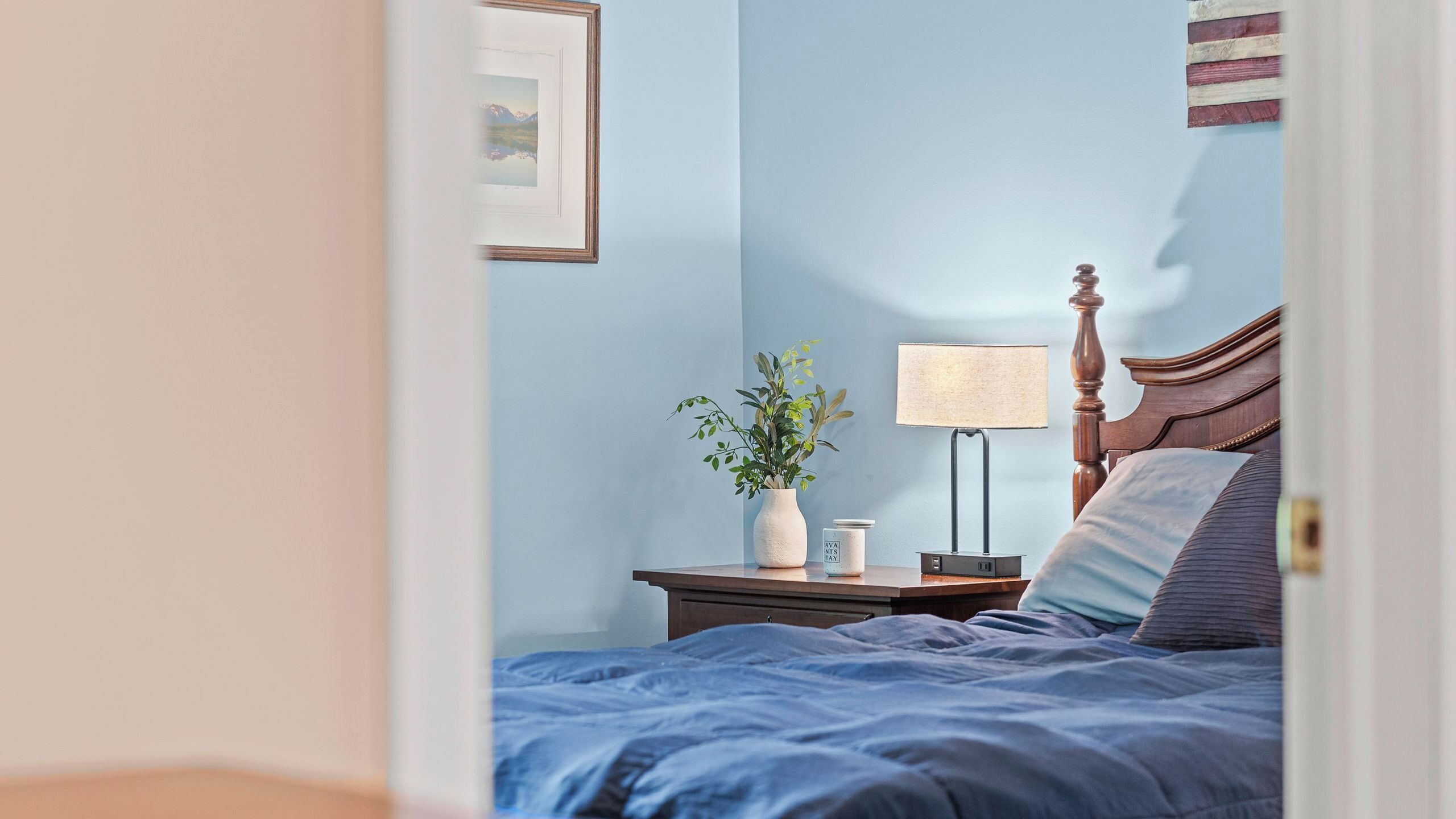 A bedroom with a bed, a nightstand, a lamp, a plant, and a framed picture on the wall.