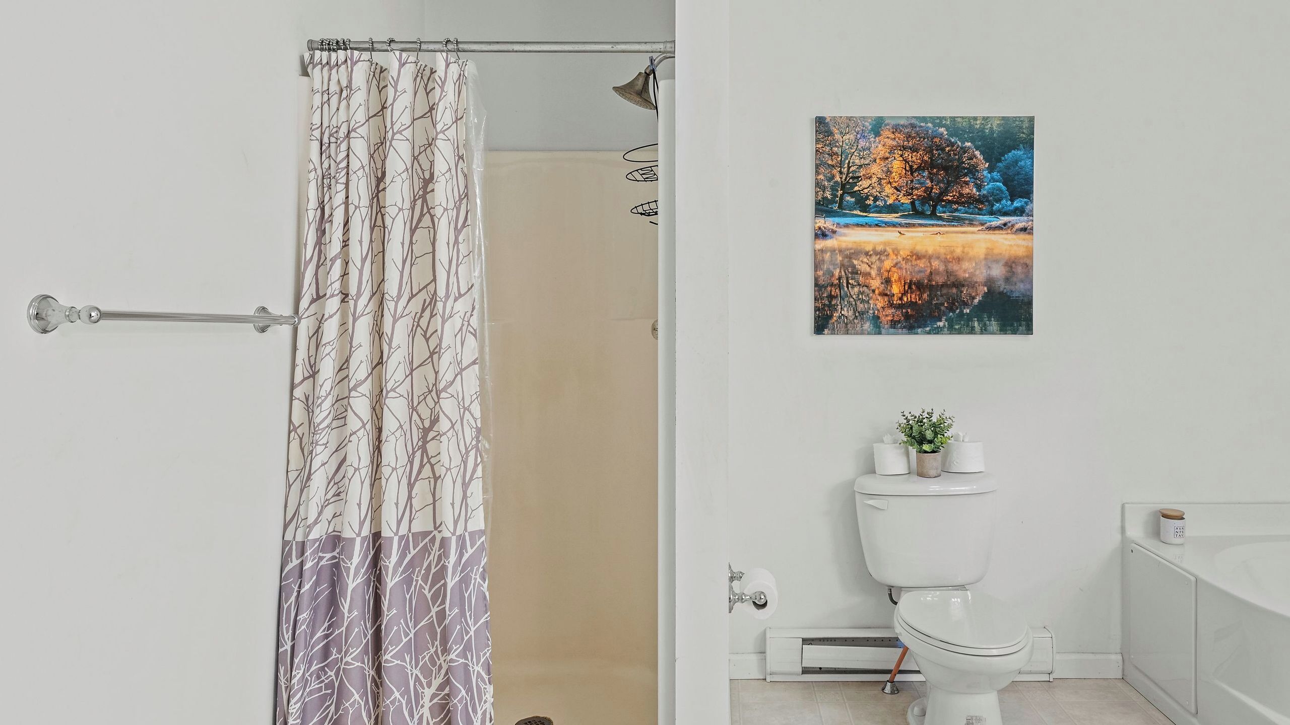 A bathroom with a shower curtain, toilet, and a painting on the wall.