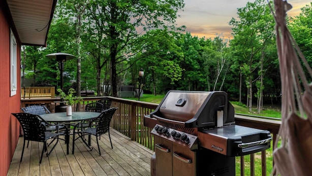 A deck with a grill, outdoor table, chairs, and a potted plant.
