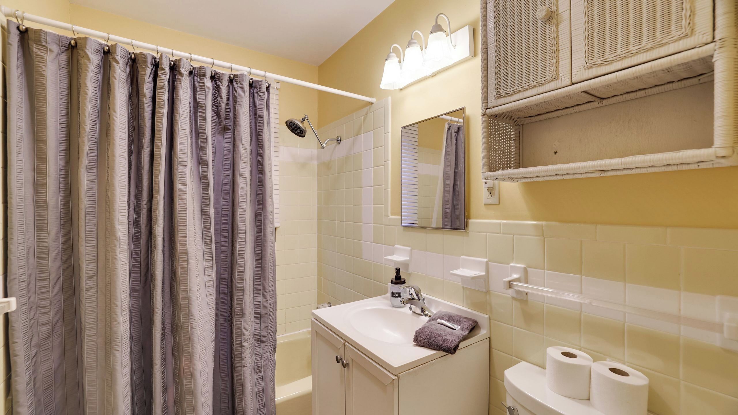 Baño con cortina de ducha, lavamanos, espejo e inodoro.