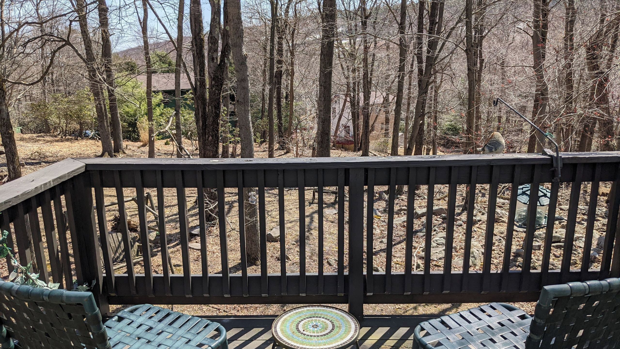 Una terraza de madera con sillas de metal y una mesa de mosaico, rodeada por un bosque.