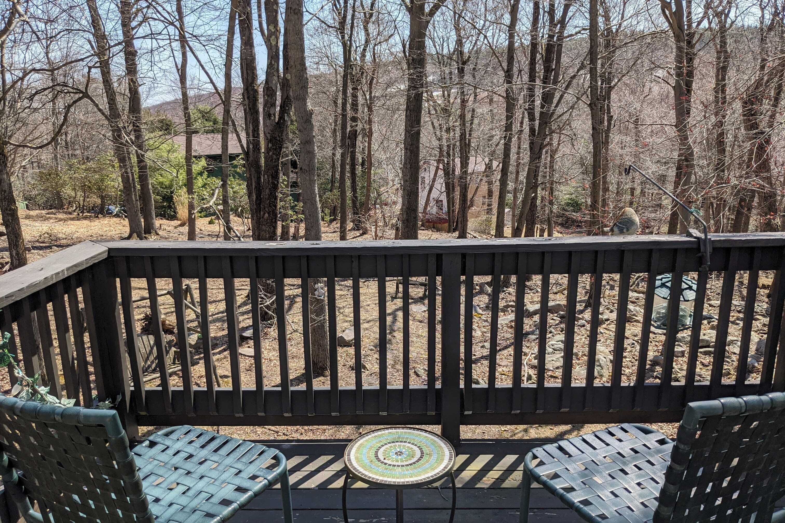 A deck with two chairs and a small table, overlooking a forested area.