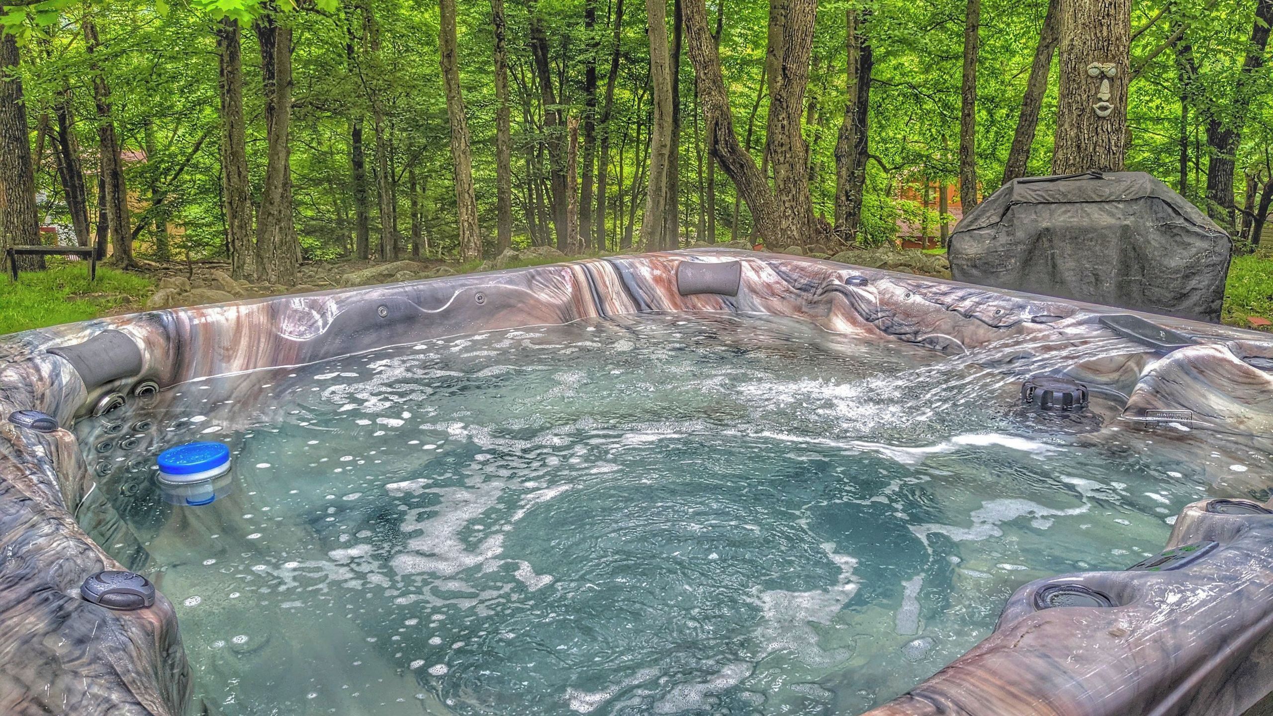 A hot tub surrounded by a forest.