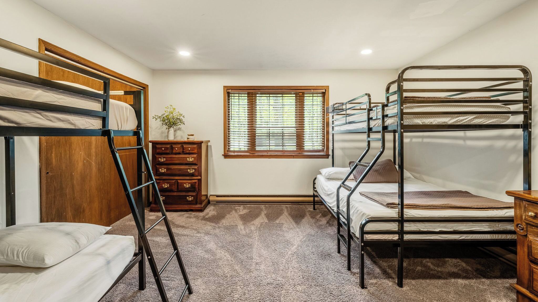 A bunk bed room with a dresser, a window, and a plant.