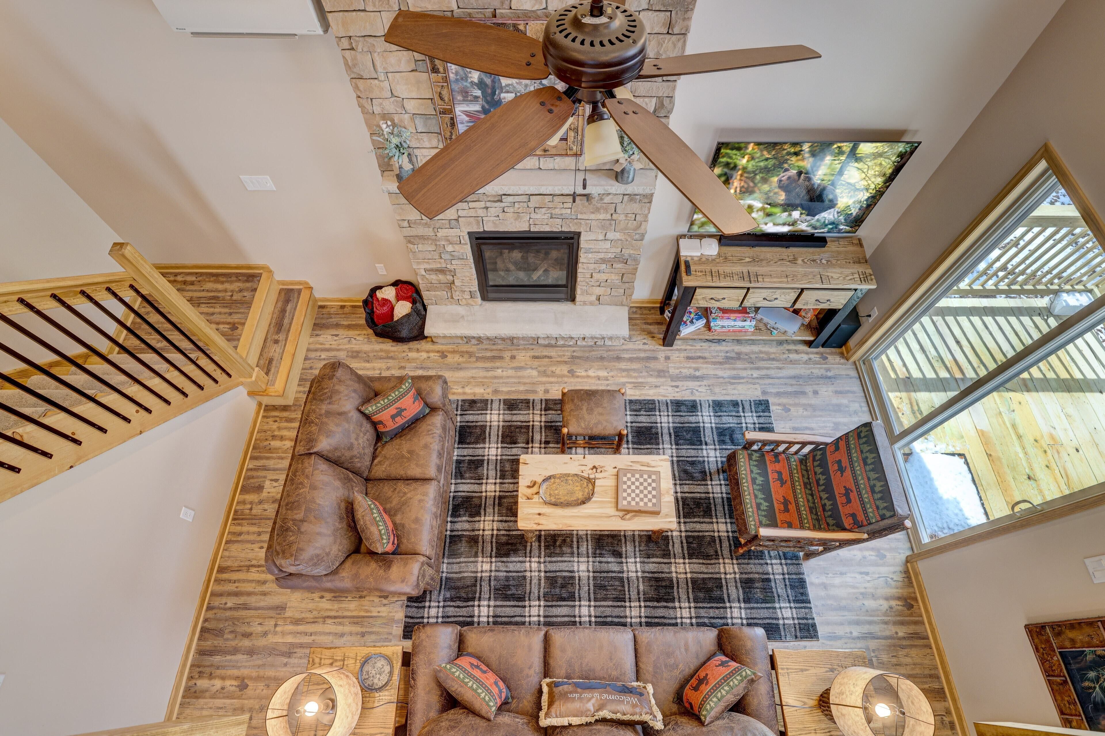 TV, fireplace, table football