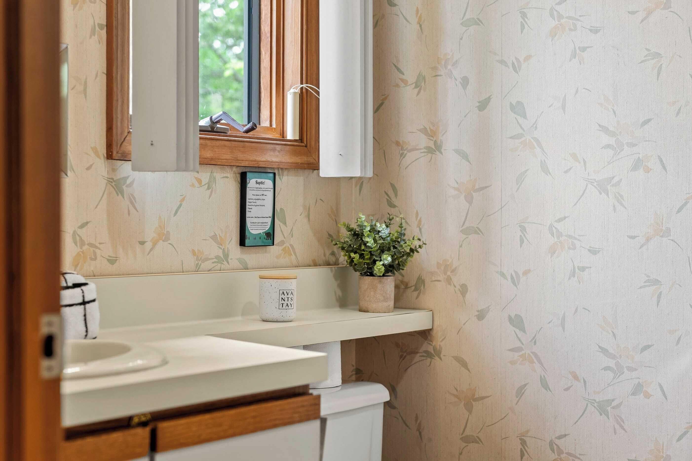 Une salle de bain avec un meuble-lavabo en bois, un lavabo blanc, un miroir, une plante en pot et une carte d’information encadrée.