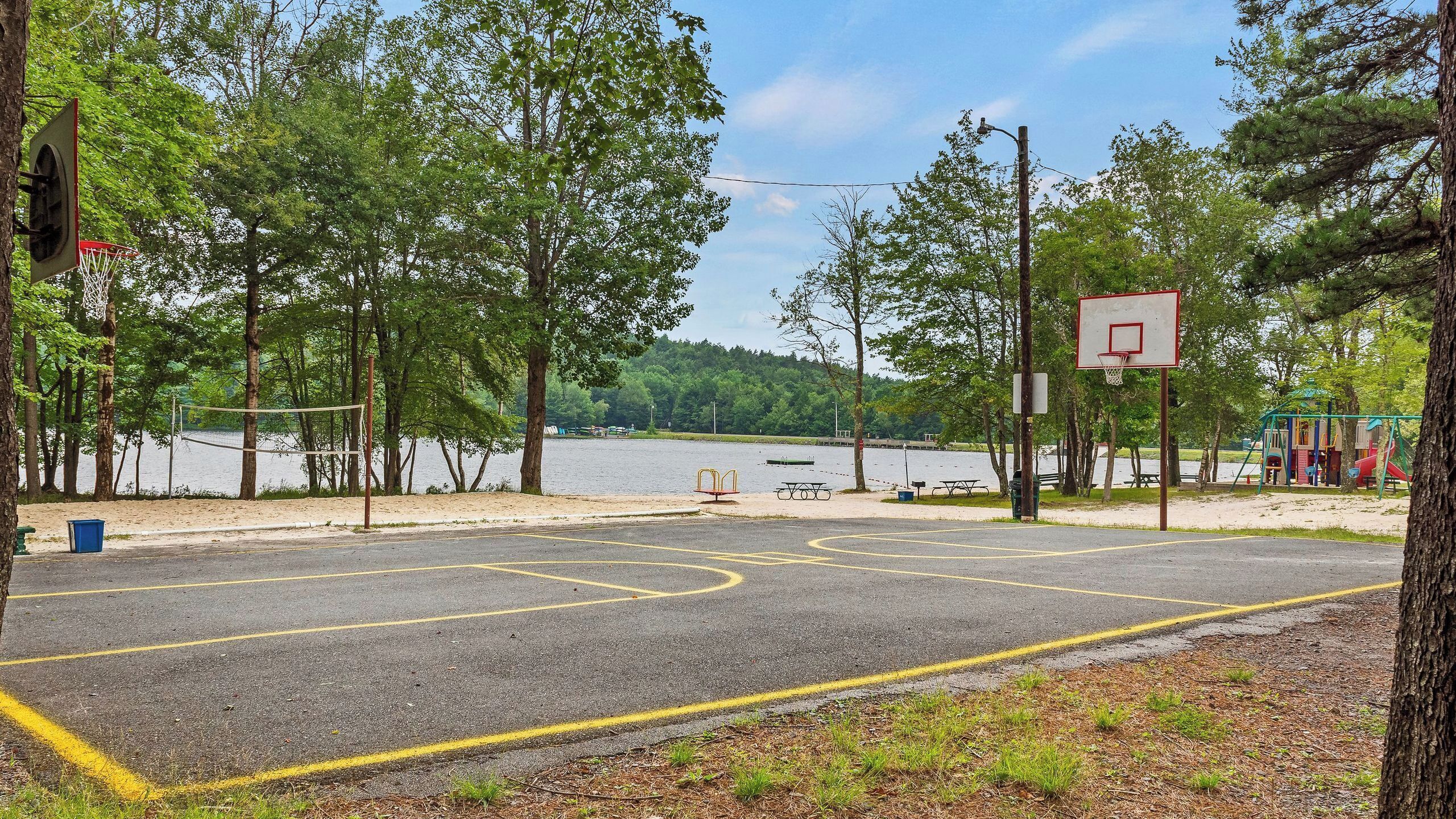 Una pista de bàsquet amb xarxa, una taula de pícnic i un parc infantil en un parc amb arbres i un llac.